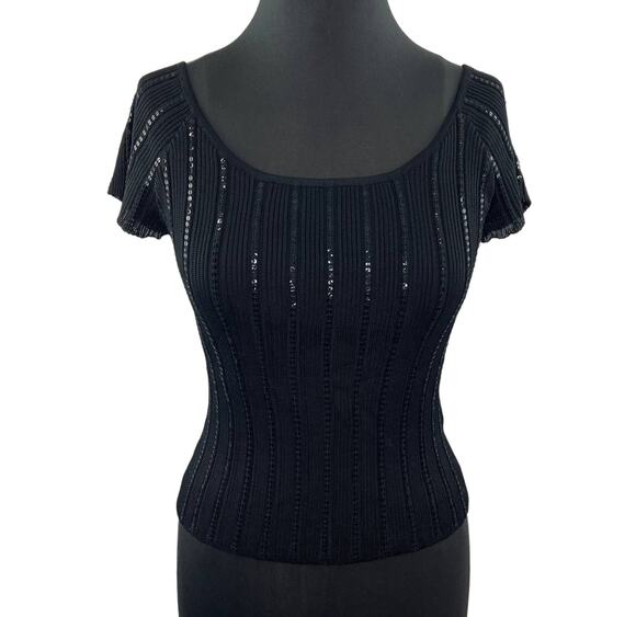 Laundry By Shelli Segal Tops - VINTAGE Laundry Shelli Segal Black Short Sleeve Mesh Overlay Sequin Stripe Top L